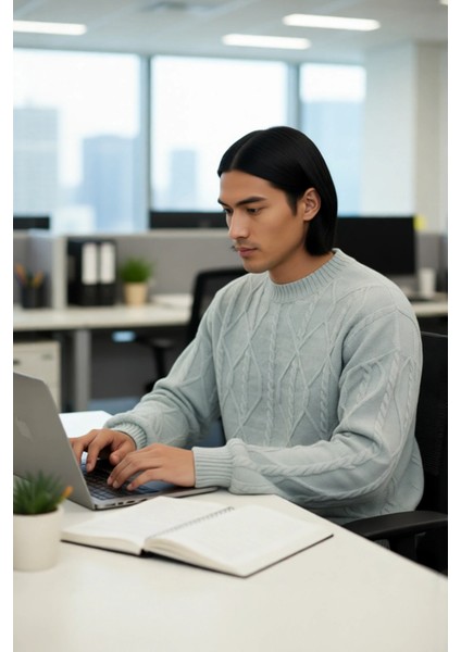 Unisex Oversize Rahat Kesim Saç Örgü Desenli Bisiklet Yaka Uzun Kol Triko Kazak Kış Için Ideal