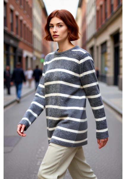 Kadın Çizgili Triko Düşük Kol Bisiklet Yaka Kışlık Tesettür Giyim Rahat Regular Kalıp Kazak fırsatları