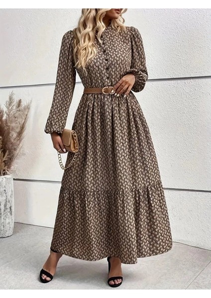 Mdb Kadın Uzun Kollu Hakim Yakalı Düğmeli Kemersiz Desenli Maxi Süprem Elbise fiyatları