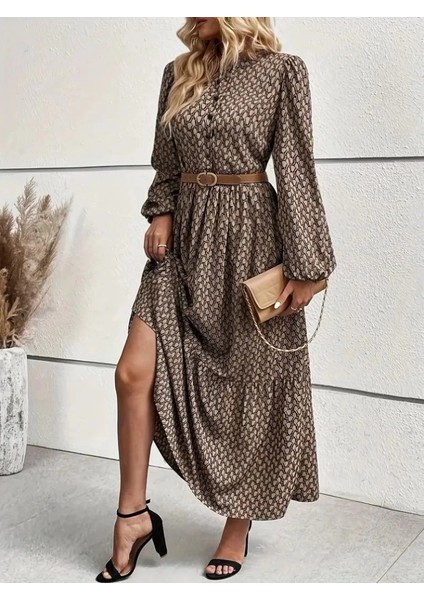Mdb Kadın Uzun Kollu Hakim Yakalı Düğmeli Kemersiz Desenli Maxi Süprem Elbise modelleri