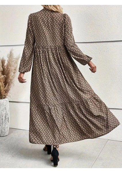 Mdb Kadın Uzun Kollu Hakim Yakalı Düğmeli Kemersiz Desenli Maxi Süprem Elbise fırsatları