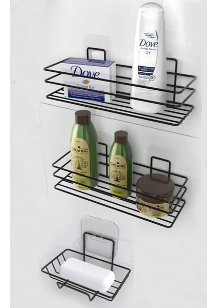 3'lü Banyo Seti Yapışkanlı Paslanmaz Banyo Sabunluk Duşakabin Rafı Şampuanlık Banyo Düzenleyici Set