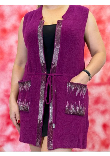Yün Yelek Kadın Taş Işlemeli Kemerli Mor Fuşya Günlük Şık Yüksek Kalite Ön Kısım ve Ceplerde fırsatları