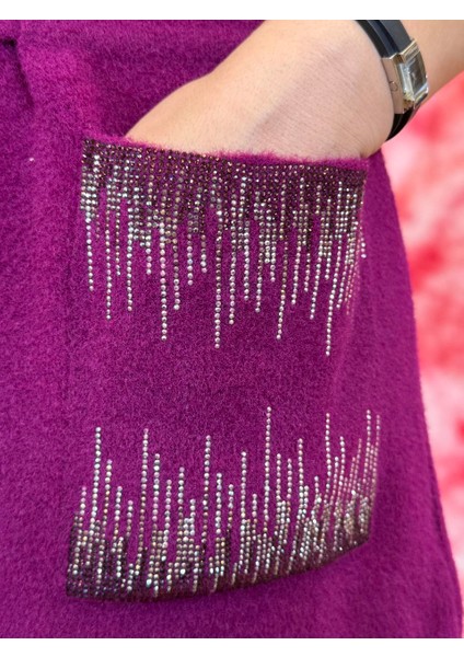 Yün Yelek Kadın Taş Işlemeli Kemerli Mor Fuşya Günlük Şık Yüksek Kalite Ön Kısım ve Ceplerde indirimleri