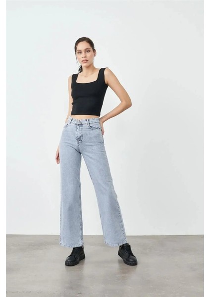 1001 Gri Kar Yüksek Bel Kadın Palazzo Denim Pantolon – Düz Kesim, Bol Paça, Premium Pamuklu Kumaş