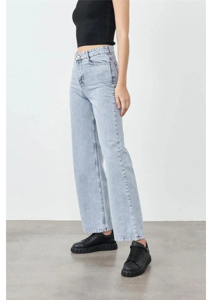 1001 Gri Kar Yüksek Bel Kadın Palazzo Denim Pantolon – Düz Kesim, Bol Paça, Premium Pamuklu Kumaş fırsatları