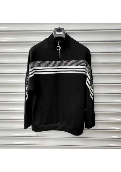 Kadın Modal Kumaş Fermuar Yaka Sweatshirt Taş Detaylı