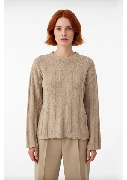 Kadın Pamuklu Triko Kazak Fitilli Regular Kalıp Bisiklet Yaka Rahat Günlük Şıklık Uzun Kollu fiyatları