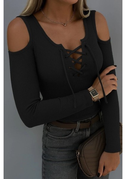 Mdb Kadın Omuzlardan Açık Uzun Kollu Bağcıklı Kaşkorse Bluz modelleri