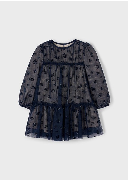 Kız Çocuk Lacivert Tüllü Elbise | 4-10 Yaş Taş ve Çiçek Detaylı