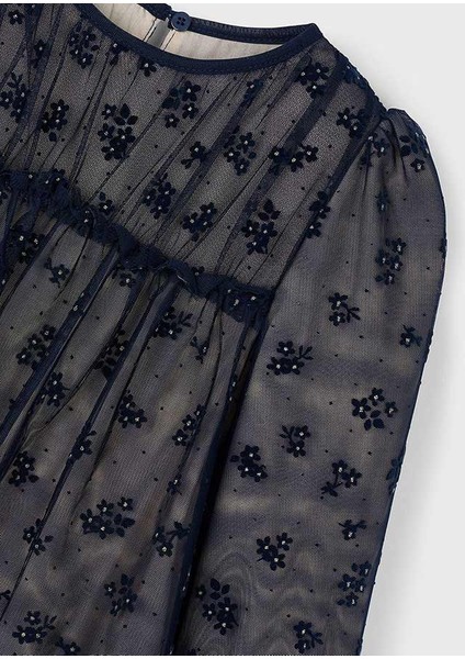 Kız Çocuk Lacivert Tüllü Elbise | 4-10 Yaş Taş ve Çiçek Detaylı modelleri