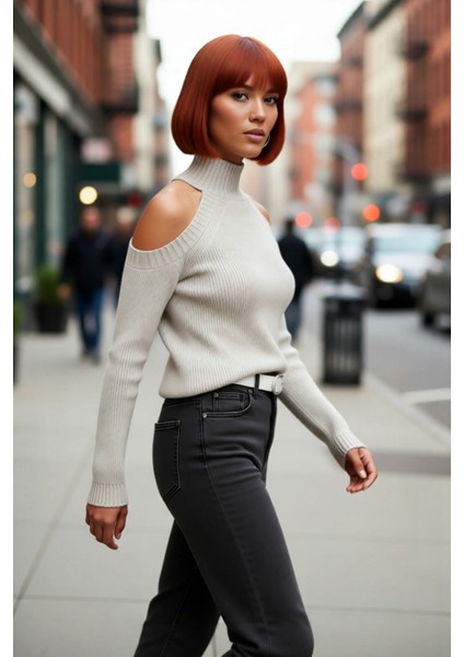 Kadınlara Özel Simli Selanik Dokuma Dik Yaka Omuz Dekolteli Triko Kazak Kış Kombinleri Için fırsatları