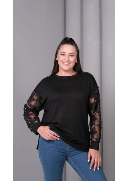 Kadın Kristal Kumaş Sweatshirt Kolu Tül Detaylı