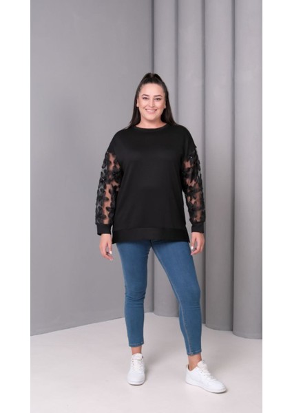 Kadın Kristal Kumaş Sweatshirt Kolu Tül Detaylı fiyatları