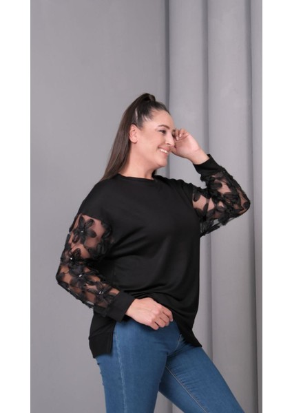 Kadın Kristal Kumaş Sweatshirt Kolu Tül Detaylı modelleri