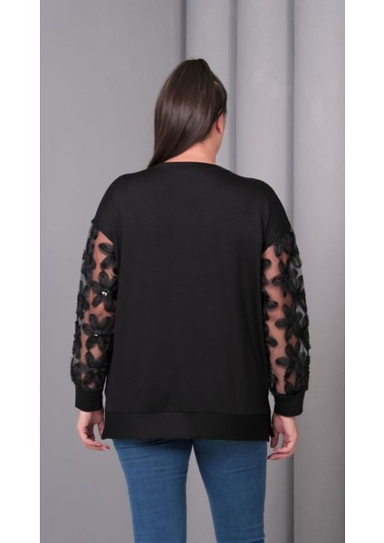 Kadın Kristal Kumaş Sweatshirt Kolu Tül Detaylı fırsatları