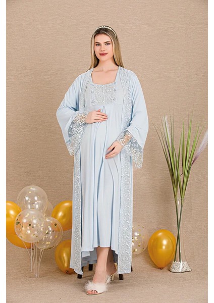 Lady Lingerie Düğmeli Dantel Yakalı Gecelik ve Dantel Kol Yaka Detaylı Sabahlık Hamile&lohusa 2'li Set Gecelik