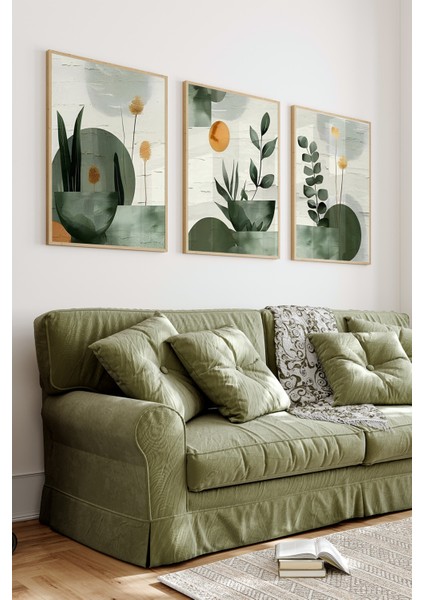 🌿 3’lü Çerçeveli Bitki ve Geometrik Şekilli Modern Tablo Seti – Uv Baskılı, Mdf Zeminli 🟠 CRV1032 23 x 32