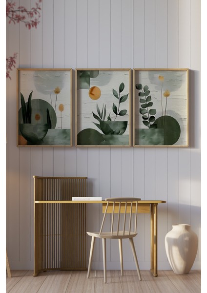 🌿 3’lü Çerçeveli Bitki ve Geometrik Şekilli Modern Tablo Seti – Uv Baskılı, Mdf Zeminli 🟠 CRV1032 23 x 32 fiyatları