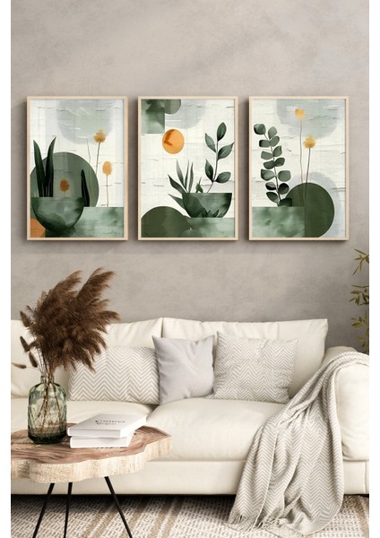 🌿 3’lü Çerçeveli Bitki ve Geometrik Şekilli Modern Tablo Seti – Uv Baskılı, Mdf Zeminli 🟠 CRV1032 23 x 32 fırsatları