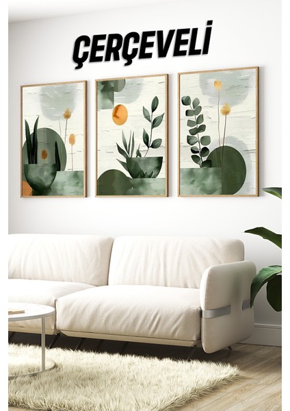 🌿 3’lü Çerçeveli Bitki ve Geometrik Şekilli Modern Tablo Seti – Uv Baskılı, Mdf Zeminli 🟠 CRV1032 23 x 32 indirimleri