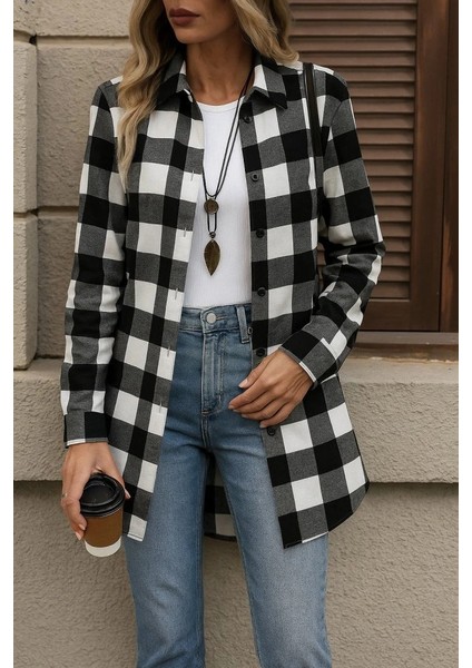Kadın Uzun Kollu Ekoseli Önden Düğmeli Dokuma Uzun Gömlek