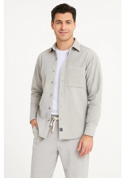 Mdb – Gömlek ve Pantolon Ikili Et Füme Corduroy Şıklığı, Rahat ve Zarif Duruş Yumuşak Dokulu Kadife Kumaş, Düğmeli Gömlek Üst ve Astikli Pantolon Alt Parça ile Gün Boyu Konfor Gri