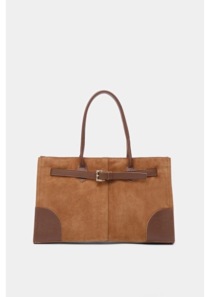 %100 Hakiki Süet Deri Fermuar Kapama ve Uzun Askı Detaylı Kadın El ve Omuz Çantası