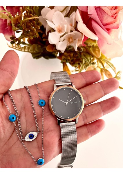 Ayarlanailir Hasır Kordon Çelik Kadın Kol SAATI+%100 Çelik Kolye Hediyeli