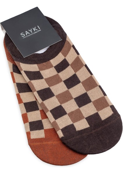 Kahverengi - Kiremit 2'li Kareli Babet Çorap