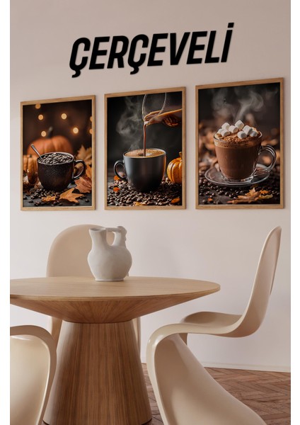☕ Sıcak Sonbahar Havası – 3'lü Mdf Uv Baskılı Kahve Temalı Ahşap Çerçeveli Tablo Seti CRV1014 23 x 32