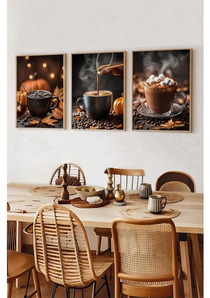 ☕ Sıcak Sonbahar Havası – 3'lü Mdf Uv Baskılı Kahve Temalı Ahşap Çerçeveli Tablo Seti CRV1014 23 x 32 fiyatları
