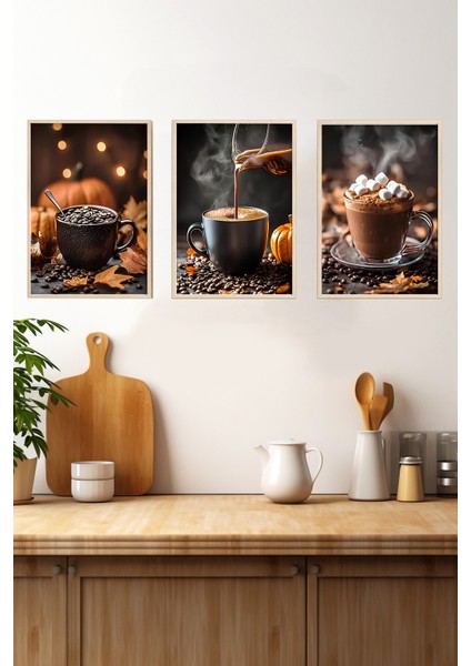 ☕ Sıcak Sonbahar Havası – 3'lü Mdf Uv Baskılı Kahve Temalı Ahşap Çerçeveli Tablo Seti CRV1014 23 x 32 fırsatları