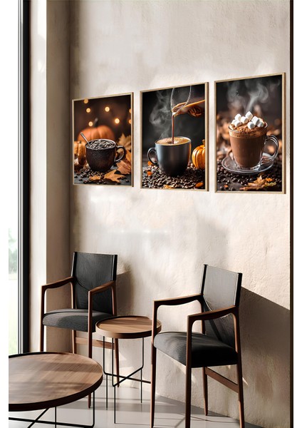 ☕ Sıcak Sonbahar Havası – 3'lü Mdf Uv Baskılı Kahve Temalı Ahşap Çerçeveli Tablo Seti CRV1014 23 x 32 indirimleri