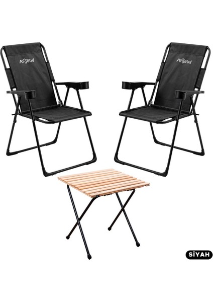2 Adet Katlanır Kamp Sandalyesi ve Masa Seti - Rest - Siyah - 130 kg Taşıma