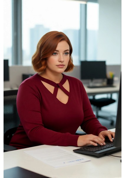 Kadın Düz Desen V Yaka Cut Out Detaylı Triko Kazak Regular Kalıp Uzun Kollu Basic Stilli Kaliteli