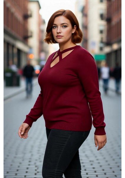 Kadın Düz Desen V Yaka Cut Out Detaylı Triko Kazak Regular Kalıp Uzun Kollu Basic Stilli Kaliteli fırsatları