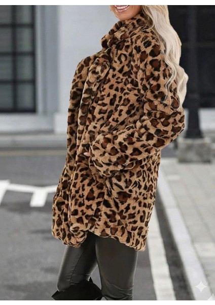 Kadın Uzun Kollu Yakalı Cepli Kısa Peluş Leopar Kaban fiyatları