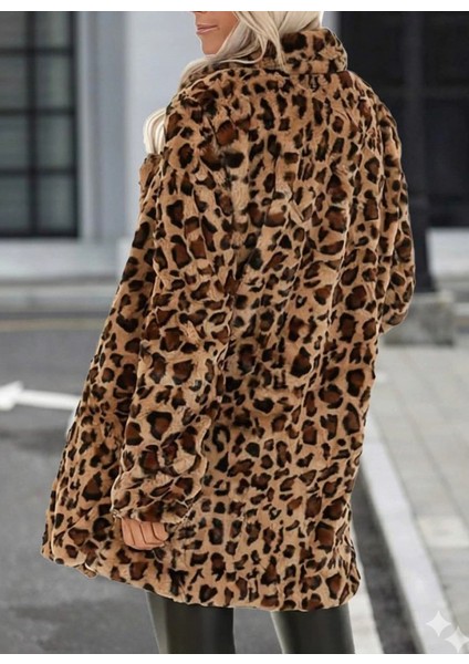 Kadın Uzun Kollu Yakalı Cepli Kısa Peluş Leopar Kaban modelleri