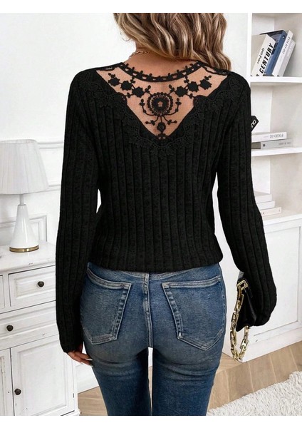 Kadın Uzun Kollu V Yakalı Arkadan Dantel Detaylı Şardonlu Kaşkorse Bluz fırsatları