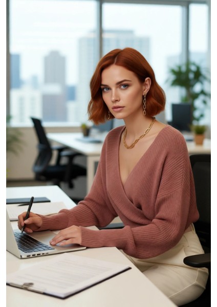 Kadın Casual V Yaka Kruvaze Triko Kazak Regular Kalıp Tek Plaka Dokuma Rahat Kışlık Seçim Kaliteli