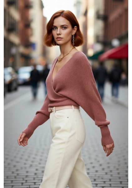 Kadın Casual V Yaka Kruvaze Triko Kazak Regular Kalıp Tek Plaka Dokuma Rahat Kışlık Seçim Kaliteli fırsatları