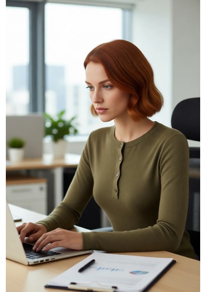 Kadın Uzun Kollu Fitted Bisiklet Yaka Dugmeli Fitilli Triko Bluz Gunluk Şık ve Rahat Kombinler Icin