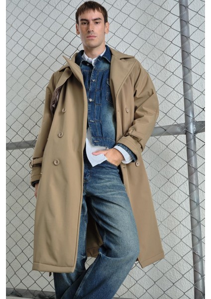 Kemerli Kruvaze Yaka Içi Polarlı Bej Trençkot