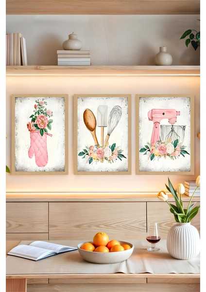 🖼️ Vintage Pembe Çiçekli Mutfak Temalı 3'lü Uv Baskılı Tablo Seti - Mdf (Çerçevesiz) CRVS1049 13 x 17