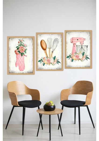 🖼️ Vintage Pembe Çiçekli Mutfak Temalı 3'lü Uv Baskılı Tablo Seti - Mdf (Çerçevesiz) CRVS1049 13 x 17 modelleri