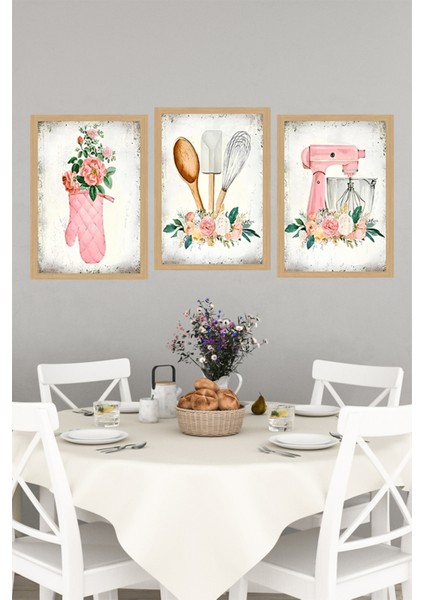 🖼️ Vintage Pembe Çiçekli Mutfak Temalı 3'lü Uv Baskılı Tablo Seti - Mdf (Çerçevesiz) CRVS1049 13 x 17 indirimleri