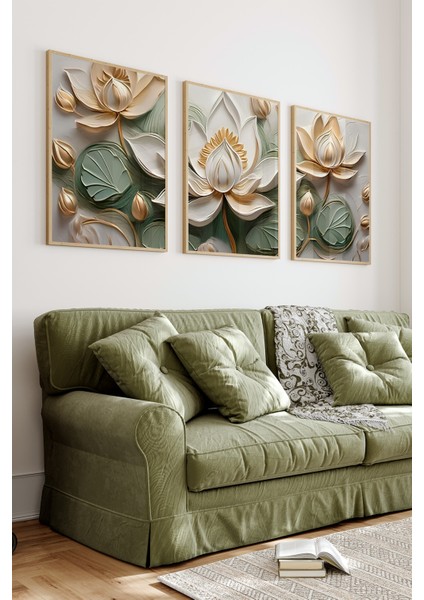 🌿 3'lü Çerçeveli Lotus Çiçek Temalı Mdf Tablo Seti – Ahşap Çerçeve, Uv Baskı 🪷 CRV1029 23 x 32