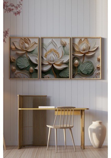 🌿 3'lü Çerçeveli Lotus Çiçek Temalı Mdf Tablo Seti – Ahşap Çerçeve, Uv Baskı 🪷 CRV1029 23 x 32 fiyatları