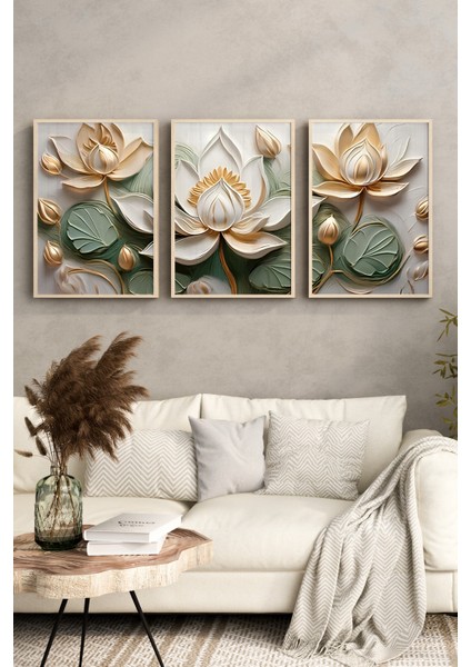 🌿 3'lü Çerçeveli Lotus Çiçek Temalı Mdf Tablo Seti – Ahşap Çerçeve, Uv Baskı 🪷 CRV1029 23 x 32 fırsatları